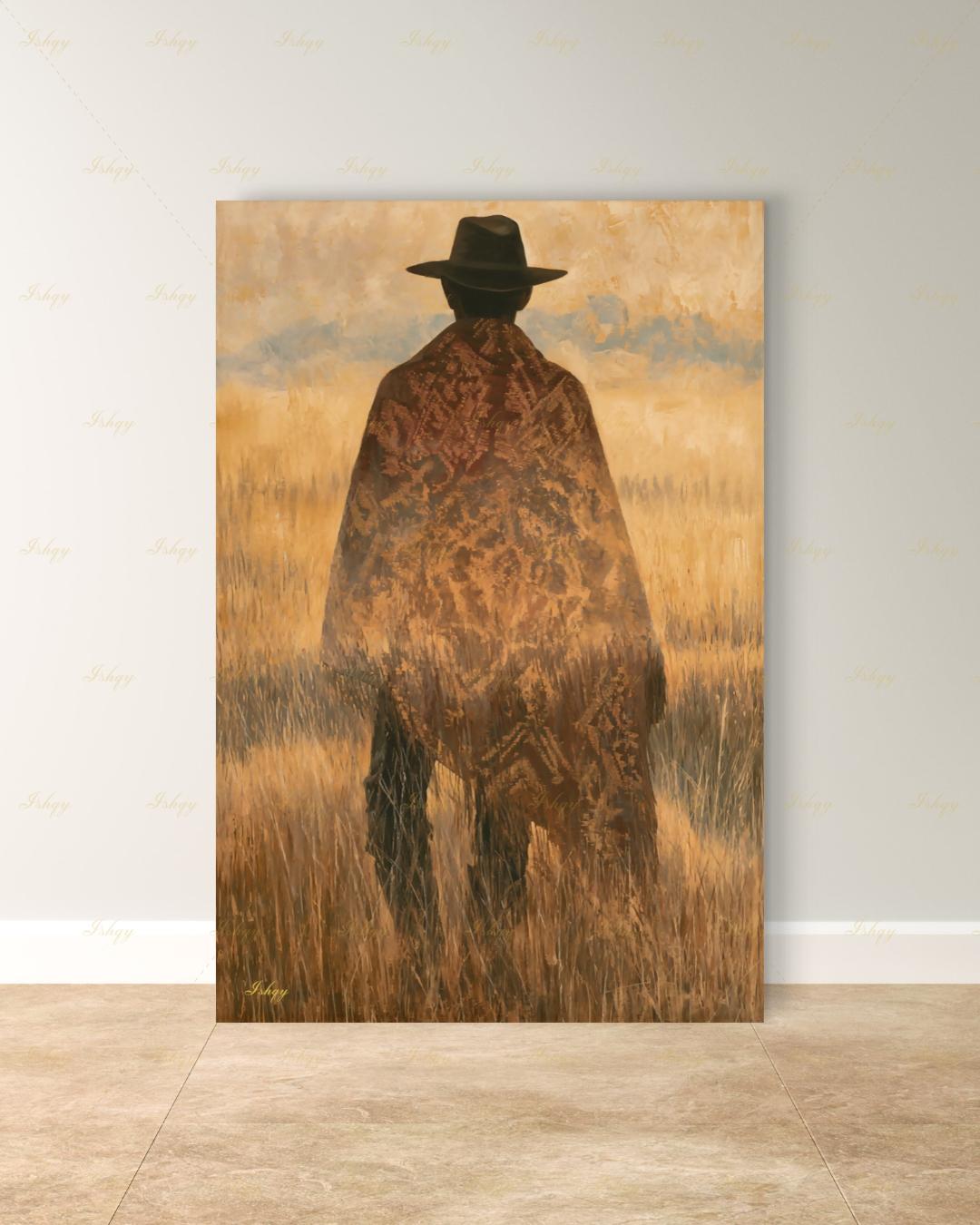 Uruguay Gaucho Wall Art, Pampas Grassland Poncho Canvas, South American Cowboy Decor, Latin Folk Art Print, Boho Framed Canvas Gift for Him