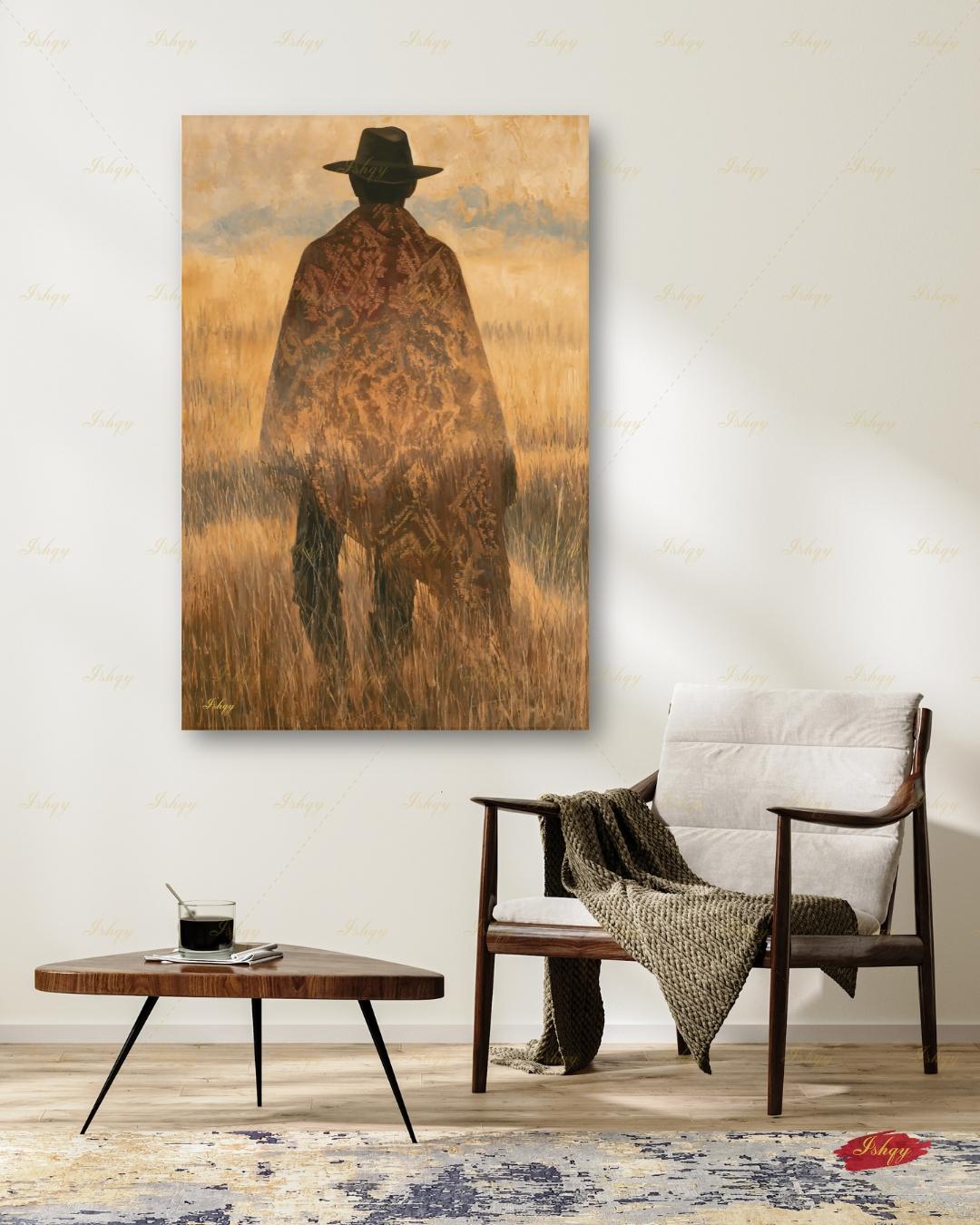 Uruguay Gaucho Wall Art, Pampas Grassland Poncho Canvas, South American Cowboy Decor, Latin Folk Art Print, Boho Framed Canvas Gift for Him