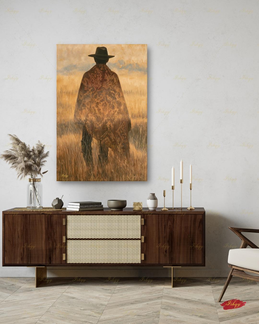 Uruguay Gaucho Wall Art, Pampas Grassland Poncho Canvas, South American Cowboy Decor, Latin Folk Art Print, Boho Framed Canvas Gift for Him