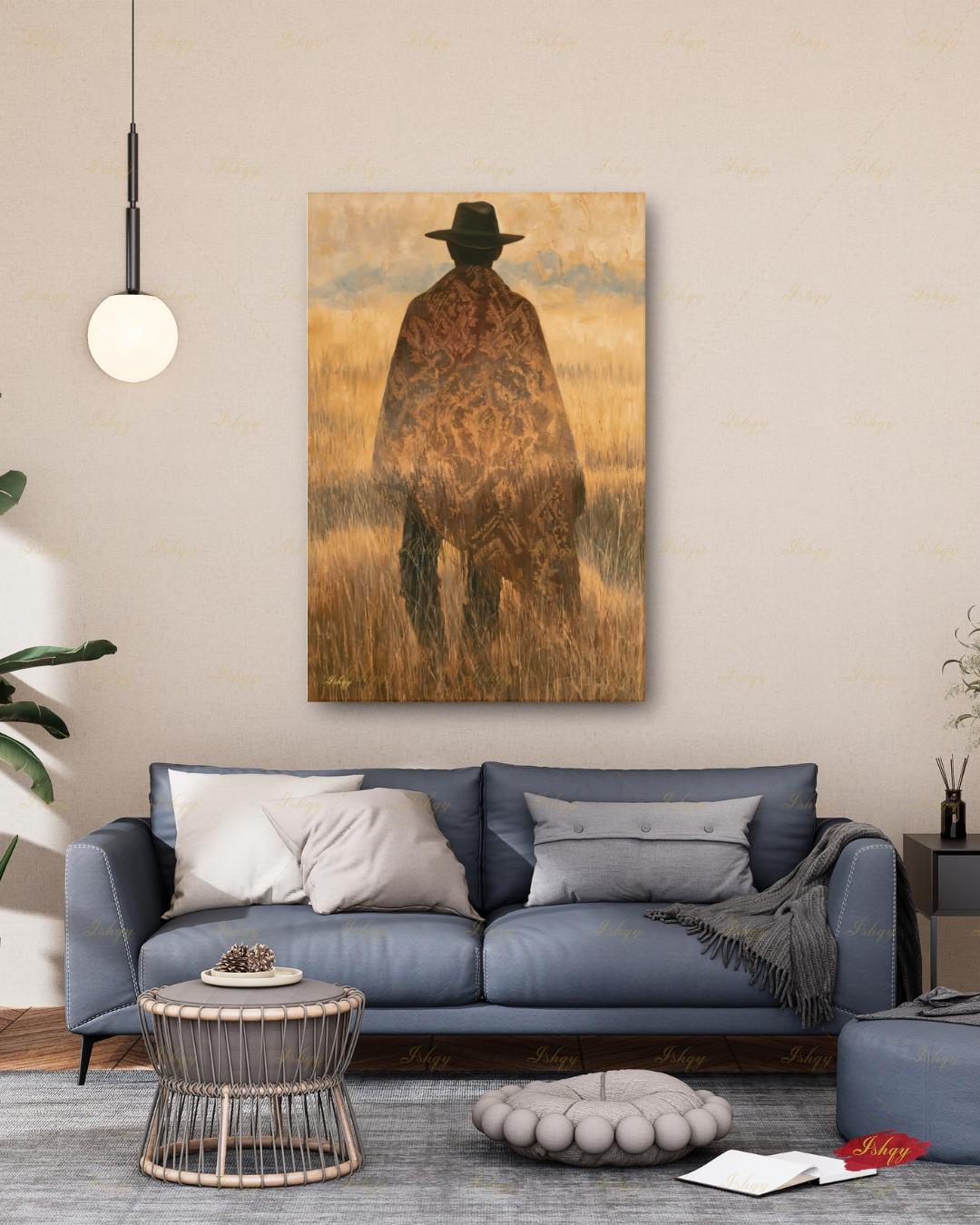 Uruguay Gaucho Wall Art, Pampas Grassland Poncho Canvas, South American Cowboy Decor, Latin Folk Art Print, Boho Framed Canvas Gift for Him