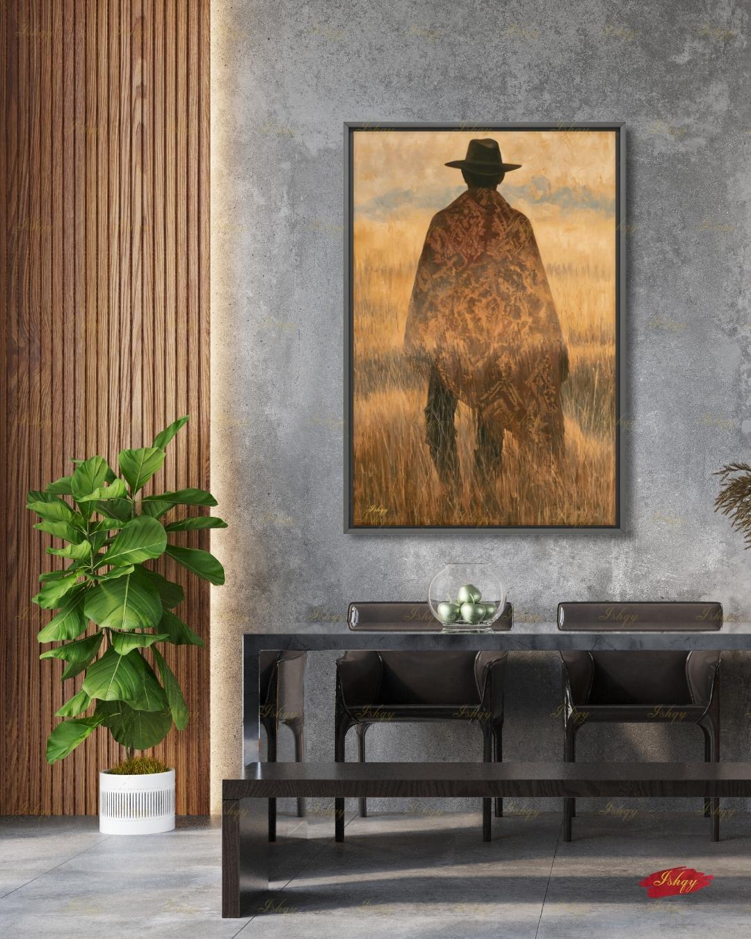 Uruguay Gaucho Wall Art, Pampas Grassland Poncho Canvas, South American Cowboy Decor, Latin Folk Art Print, Boho Framed Canvas Gift for Him