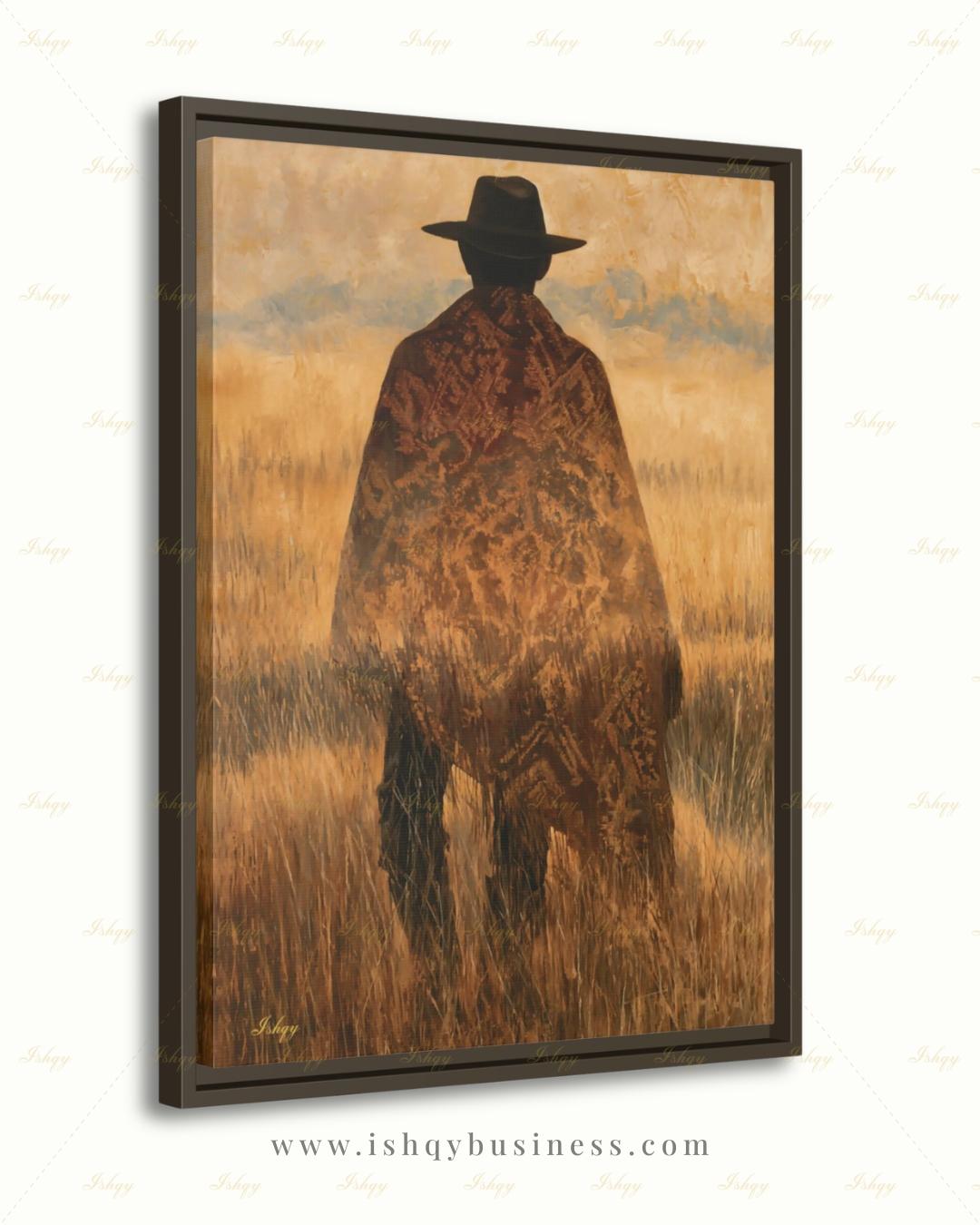 Uruguay Gaucho Wall Art, Pampas Grassland Poncho Canvas, South American Cowboy Decor, Latin Folk Art Print, Boho Framed Canvas Gift for Him