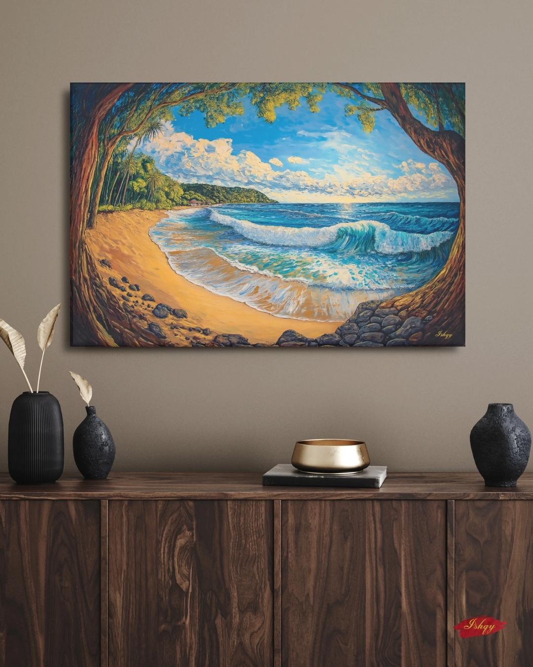 El Sunzal El Salvador Beach Wall Art Print, Canvas, Framed Canvas, Seascape Ocean Waves Coastal Landscape Painting for Living Room Decor