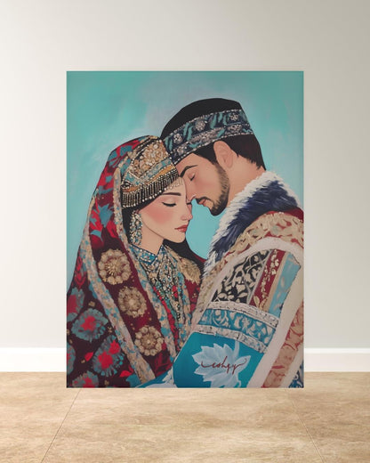 Kazakh Lovers Wall Art, Central Asian Couple Canvas Painting, Traditional Kazakh Clothing Romantic Artwork for Bedroom or Cultural Home Decor