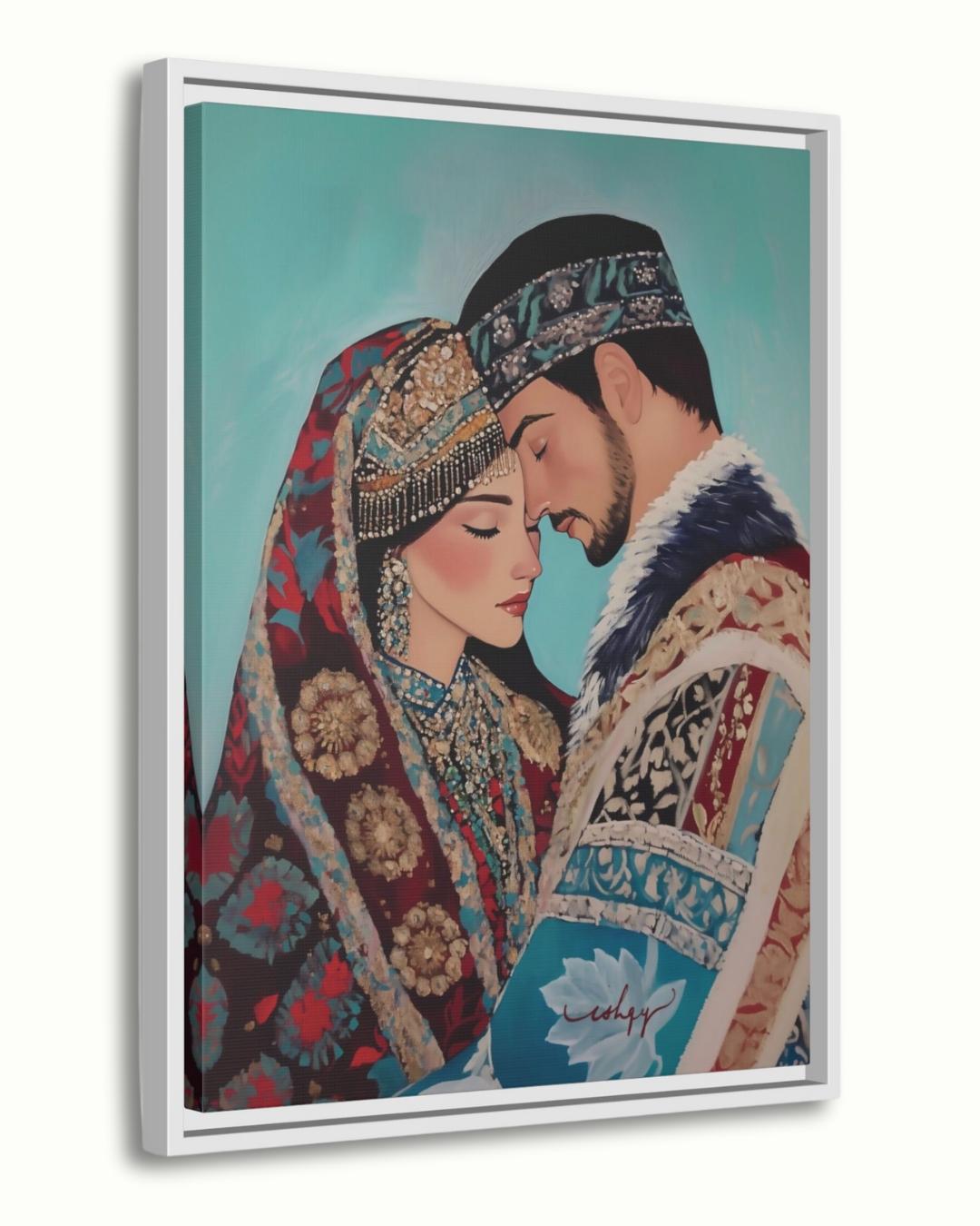 Kazakh Lovers Wall Art, Central Asian Couple Canvas Painting, Traditional Kazakh Clothing Romantic Artwork for Bedroom or Cultural Home Decor