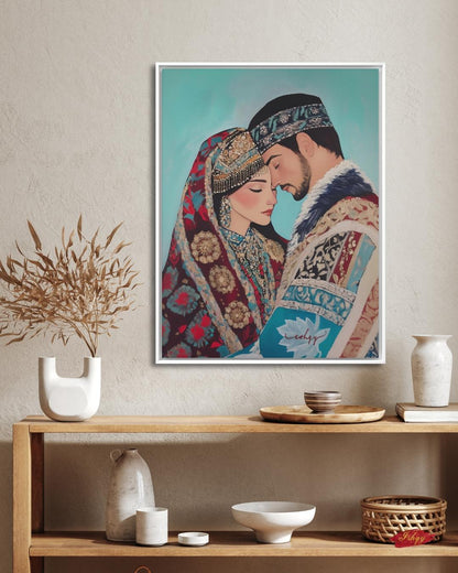 Kazakh Lovers Wall Art, Central Asian Couple Canvas Painting, Traditional Kazakh Clothing Romantic Artwork for Bedroom or Cultural Home Decor