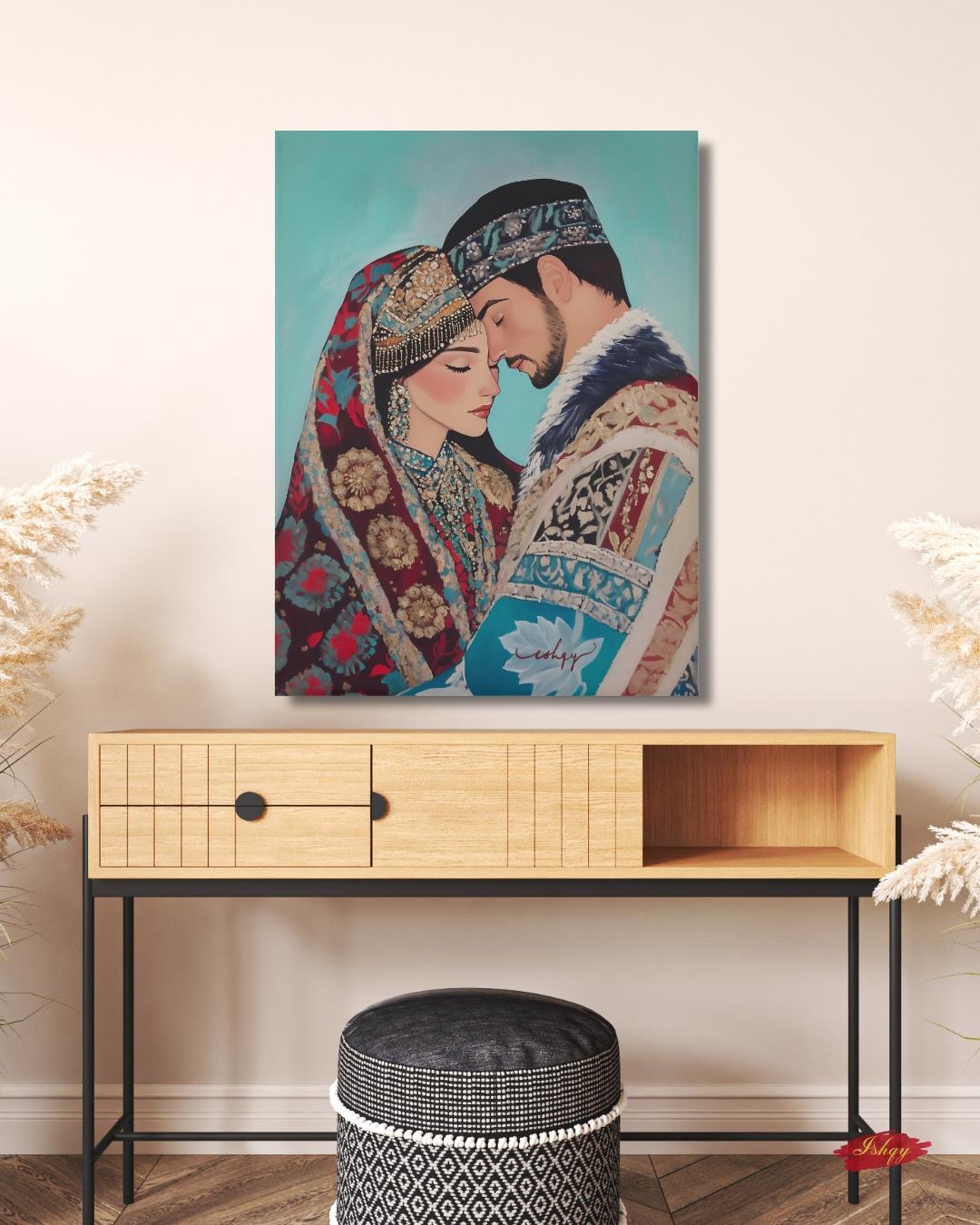 Kazakh Lovers Wall Art, Central Asian Couple Canvas Painting, Traditional Kazakh Clothing Romantic Artwork for Bedroom or Cultural Home Decor