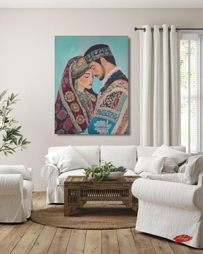 Kazakh Lovers Wall Art, Central Asian Couple Canvas Painting, Traditional Kazakh Clothing Romantic Artwork for Bedroom or Cultural Home Decor