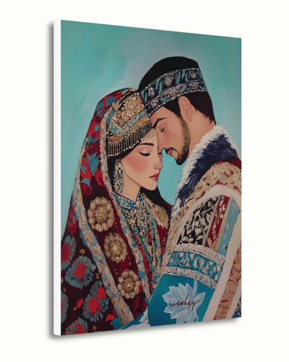 Kazakh Lovers Wall Art, Central Asian Couple Canvas Painting, Traditional Kazakh Clothing Romantic Artwork for Bedroom or Cultural Home Decor