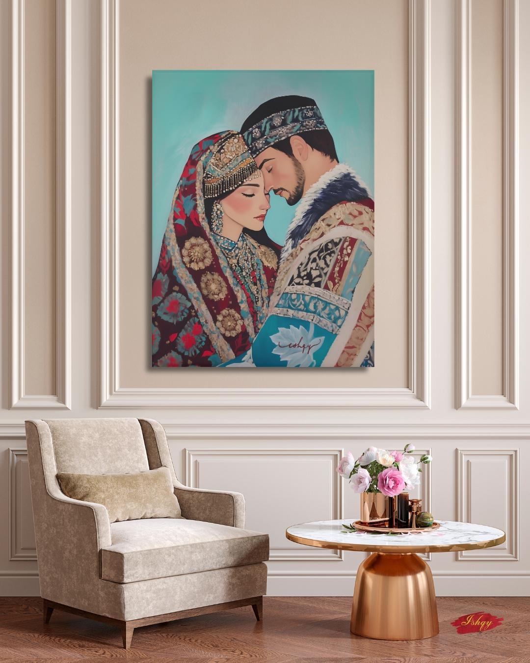 Kazakh Lovers Wall Art, Central Asian Couple Canvas Painting, Traditional Kazakh Clothing Romantic Artwork for Bedroom or Cultural Home Decor