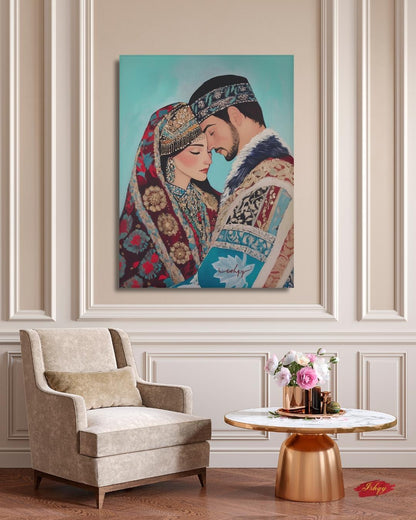 Kazakh Lovers Wall Art, Central Asian Couple Canvas Painting, Traditional Kazakh Clothing Romantic Artwork for Bedroom or Cultural Home Decor