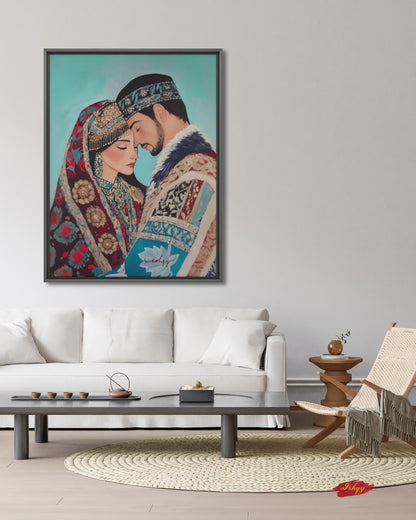 Kazakh Lovers Wall Art, Central Asian Couple Canvas Painting, Traditional Kazakh Clothing Romantic Artwork for Bedroom or Cultural Home Decor