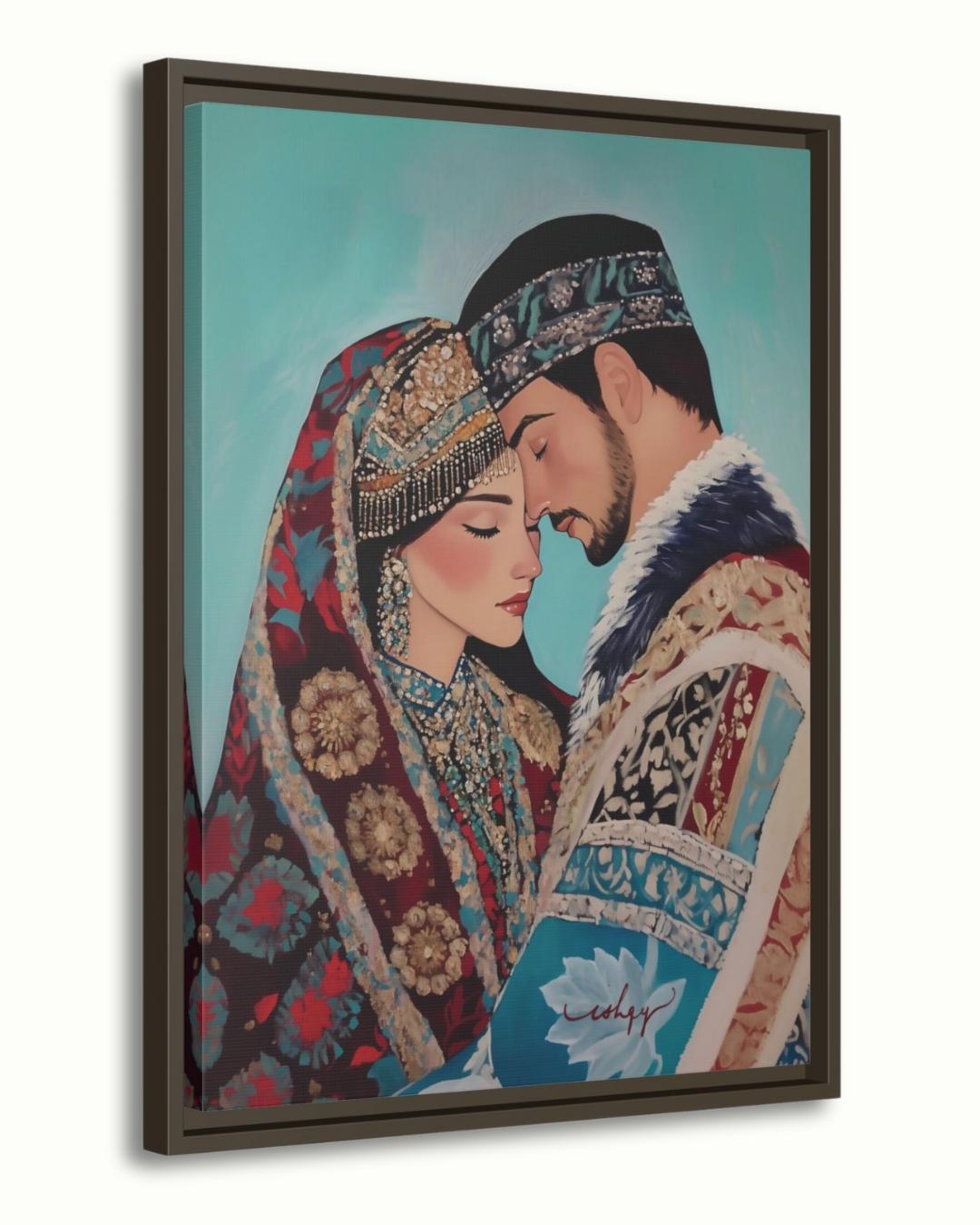 Kazakh Lovers Wall Art, Central Asian Couple Canvas Painting, Traditional Kazakh Clothing Romantic Artwork for Bedroom or Cultural Home Decor