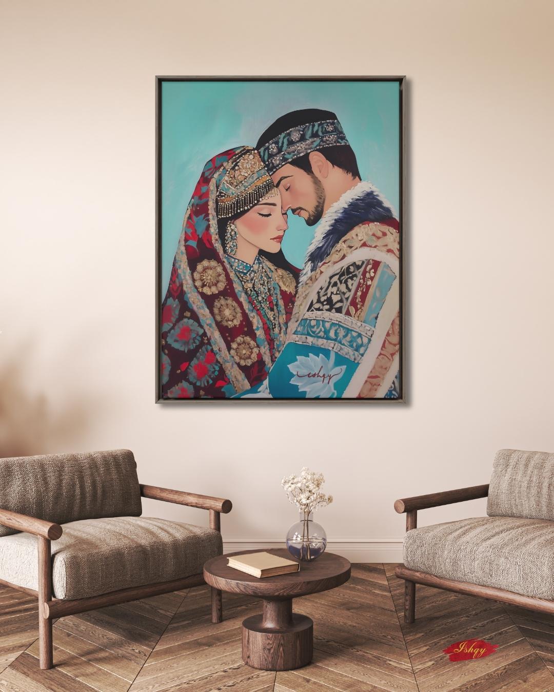 Kazakh Lovers Wall Art, Central Asian Couple Canvas Painting, Traditional Kazakh Clothing Romantic Artwork for Bedroom or Cultural Home Decor