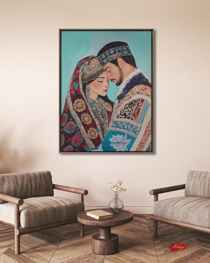 Kazakh Lovers Wall Art, Central Asian Couple Canvas Painting, Traditional Kazakh Clothing Romantic Artwork for Bedroom or Cultural Home Decor
