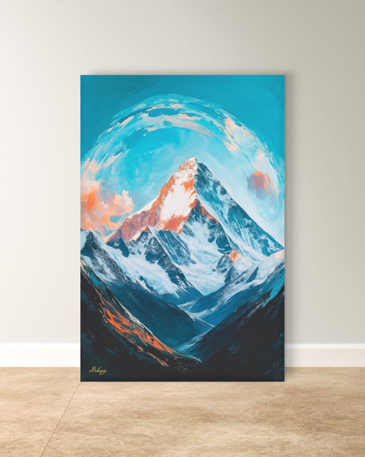 Everest Dawn is a breathtaking painting print depicting the majestic Mount Everest bathed in glowing morning light, with swirling skies and icy peaks. This striking art print captures the awe and serenity of the world’s tallest mountain, perfect for inspiring living spaces, offices, or meditation rooms. Available as canvas and framed canvas, it brings the grandeur of the Himalayas into your home decor.