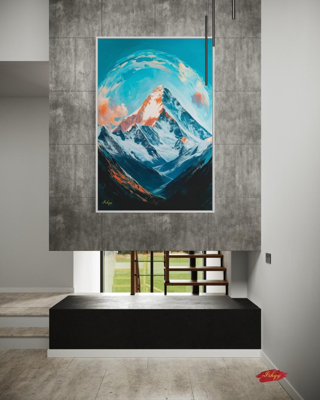 Everest Dawn is a breathtaking painting print depicting the majestic Mount Everest bathed in glowing morning light, with swirling skies and icy peaks. This striking art print captures the awe and serenity of the world’s tallest mountain, perfect for inspiring living spaces, offices, or meditation rooms. Available as canvas and framed canvas, it brings the grandeur of the Himalayas into your home decor.
