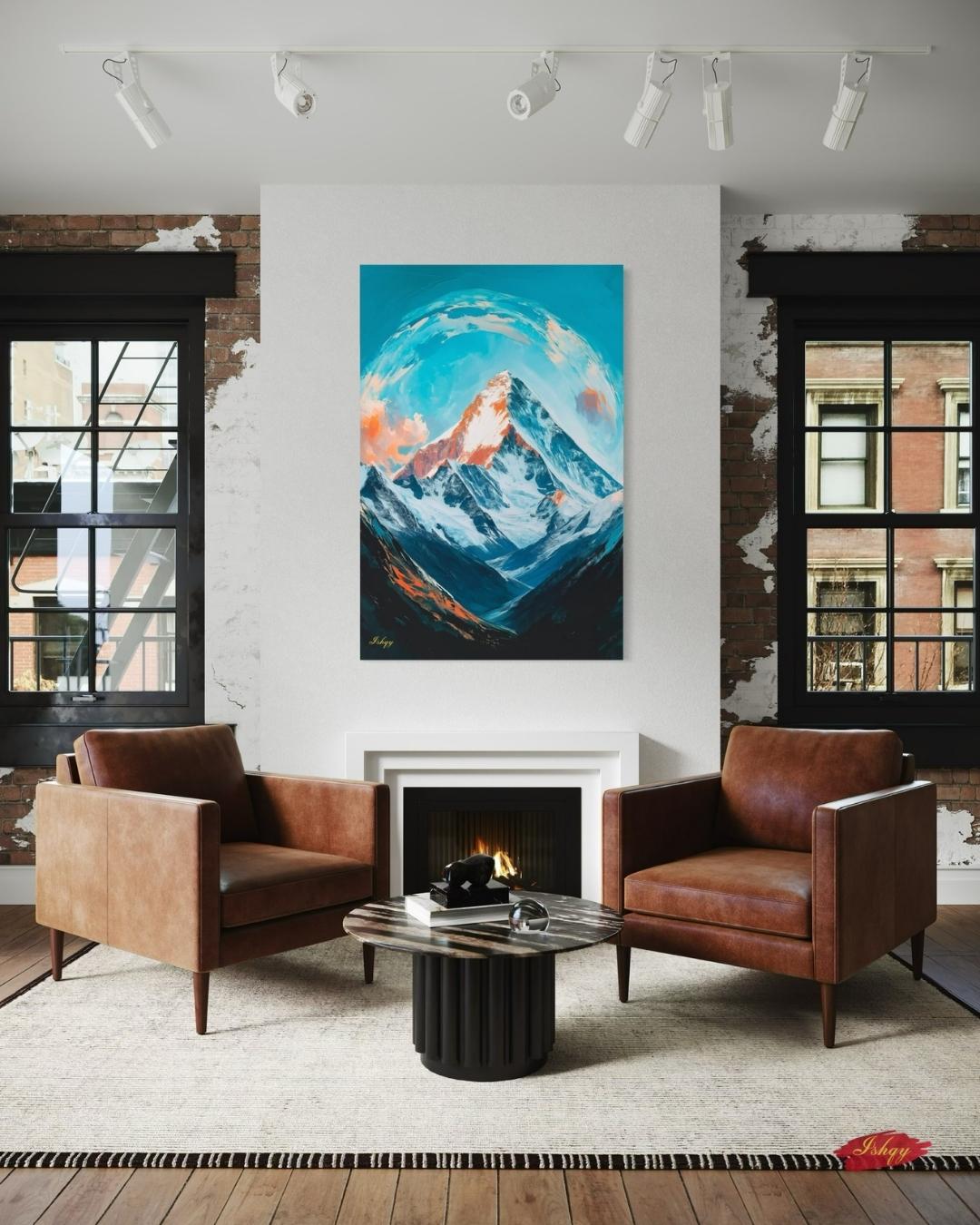 Everest Dawn is a breathtaking painting print depicting the majestic Mount Everest bathed in glowing morning light, with swirling skies and icy peaks. This striking art print captures the awe and serenity of the world’s tallest mountain, perfect for inspiring living spaces, offices, or meditation rooms. Available as canvas and framed canvas, it brings the grandeur of the Himalayas into your home decor.