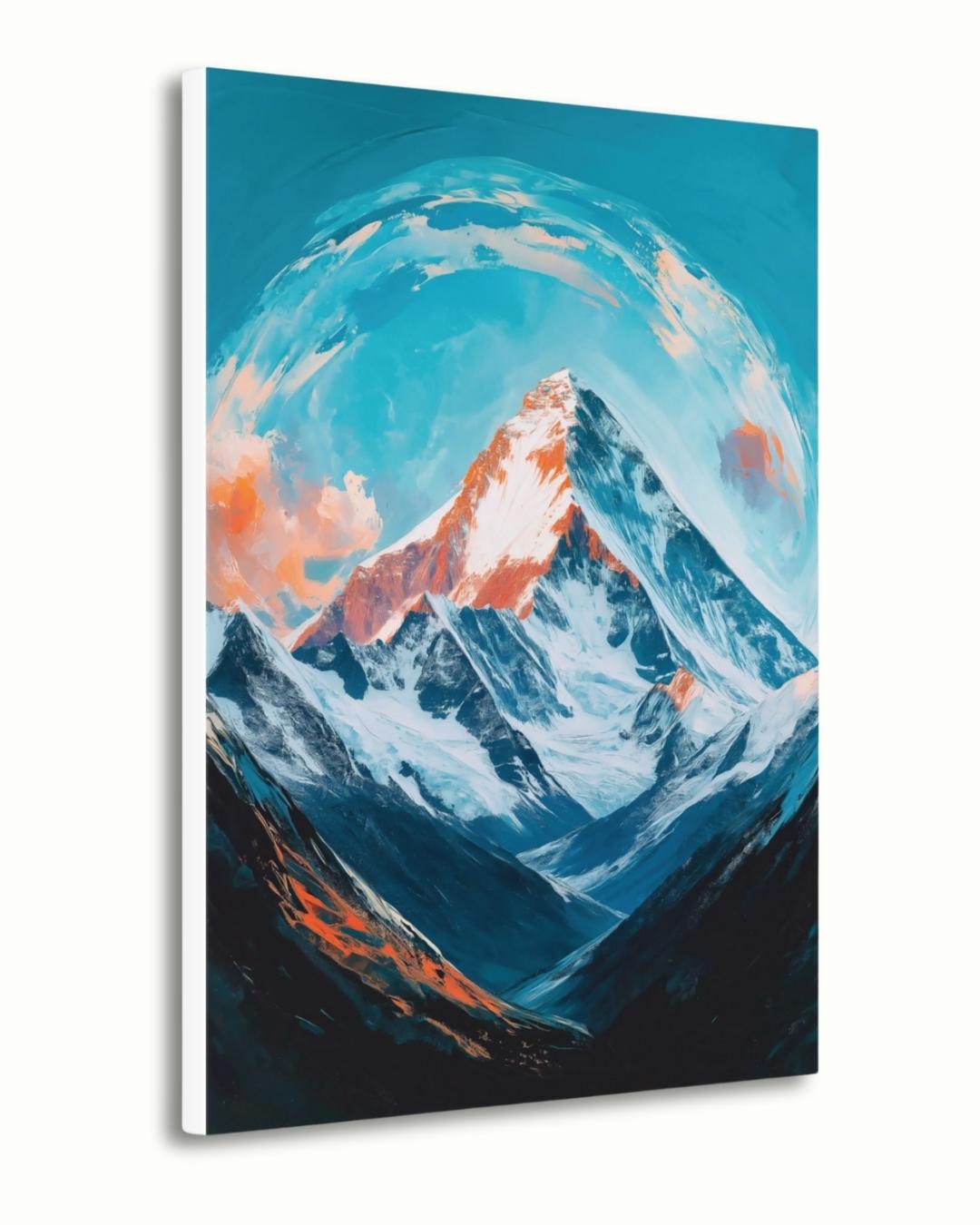 Everest Dawn is a breathtaking painting print depicting the majestic Mount Everest bathed in glowing morning light, with swirling skies and icy peaks. This striking art print captures the awe and serenity of the world’s tallest mountain, perfect for inspiring living spaces, offices, or meditation rooms. Available as canvas and framed canvas, it brings the grandeur of the Himalayas into your home decor.