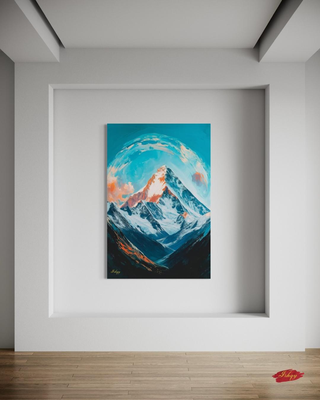 Everest Dawn is a breathtaking painting print depicting the majestic Mount Everest bathed in glowing morning light, with swirling skies and icy peaks. This striking art print captures the awe and serenity of the world’s tallest mountain, perfect for inspiring living spaces, offices, or meditation rooms. Available as canvas and framed canvas, it brings the grandeur of the Himalayas into your home decor.