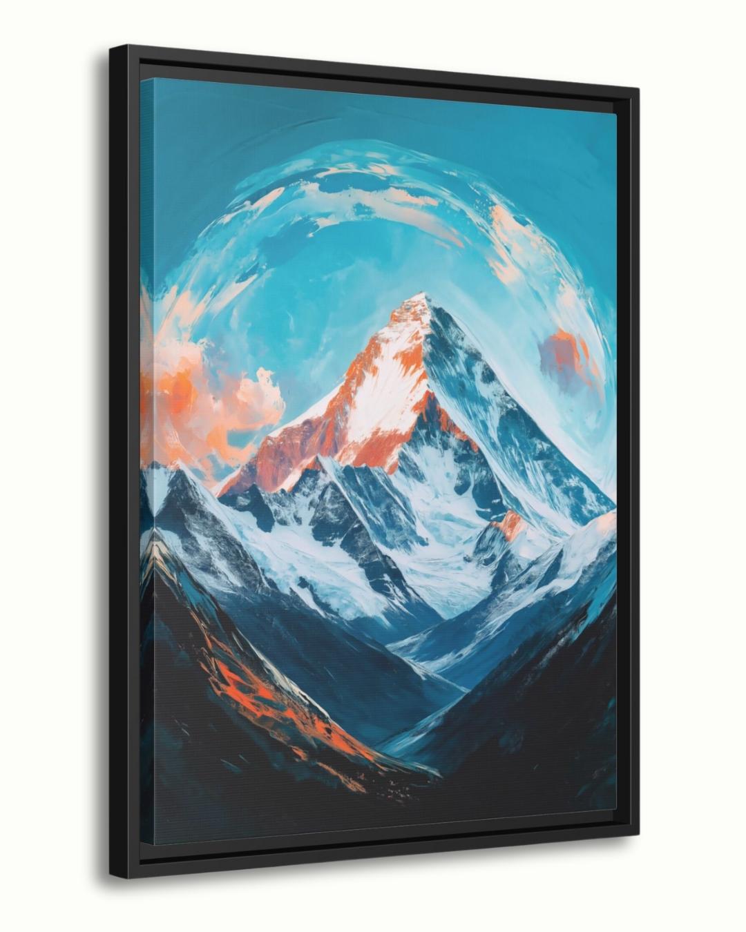 Everest Dawn is a breathtaking painting print depicting the majestic Mount Everest bathed in glowing morning light, with swirling skies and icy peaks. This striking art print captures the awe and serenity of the world’s tallest mountain, perfect for inspiring living spaces, offices, or meditation rooms. Available as canvas and framed canvas, it brings the grandeur of the Himalayas into your home decor.