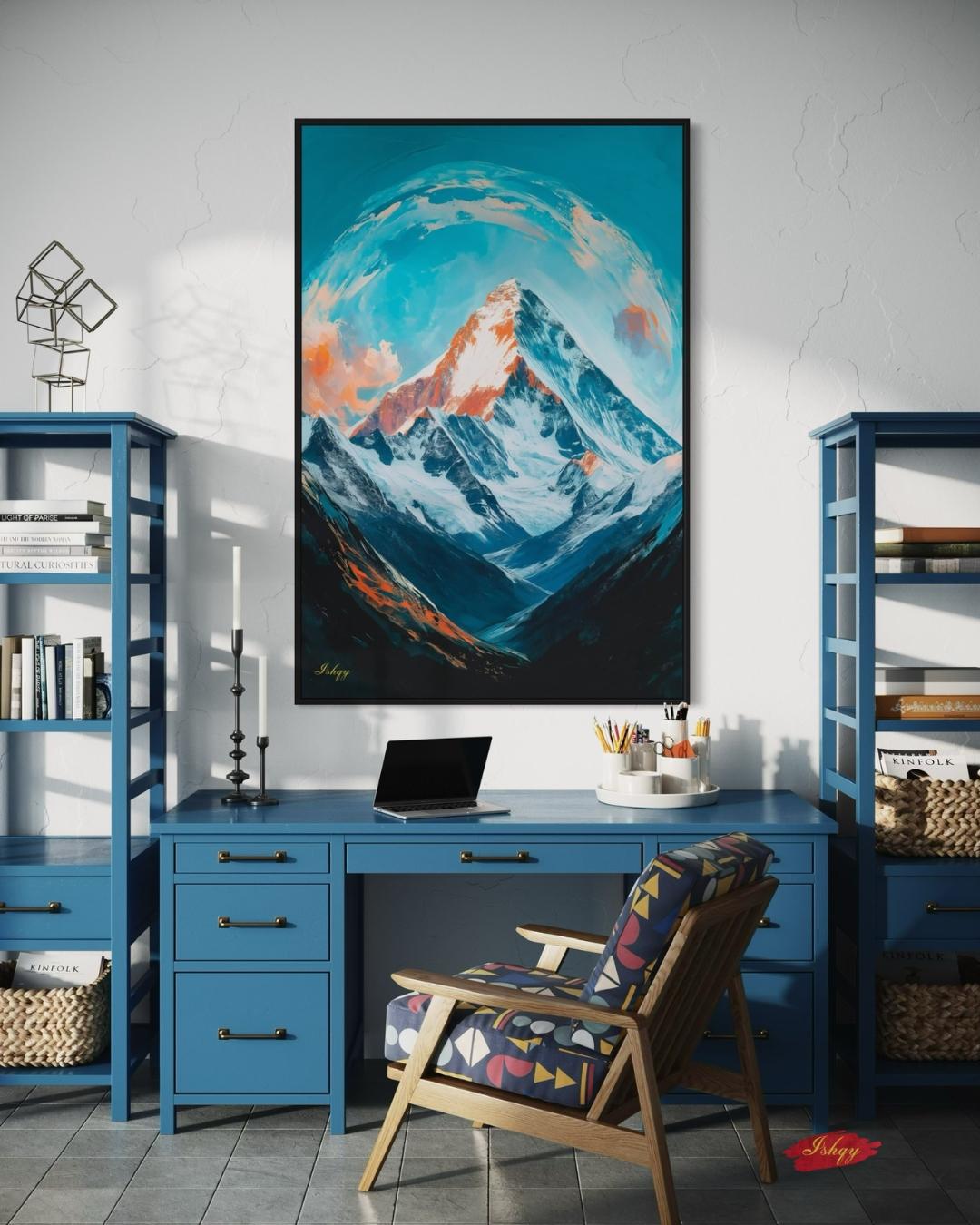 Everest Dawn is a breathtaking painting print depicting the majestic Mount Everest bathed in glowing morning light, with swirling skies and icy peaks. This striking art print captures the awe and serenity of the world’s tallest mountain, perfect for inspiring living spaces, offices, or meditation rooms. Available as canvas and framed canvas, it brings the grandeur of the Himalayas into your home decor.