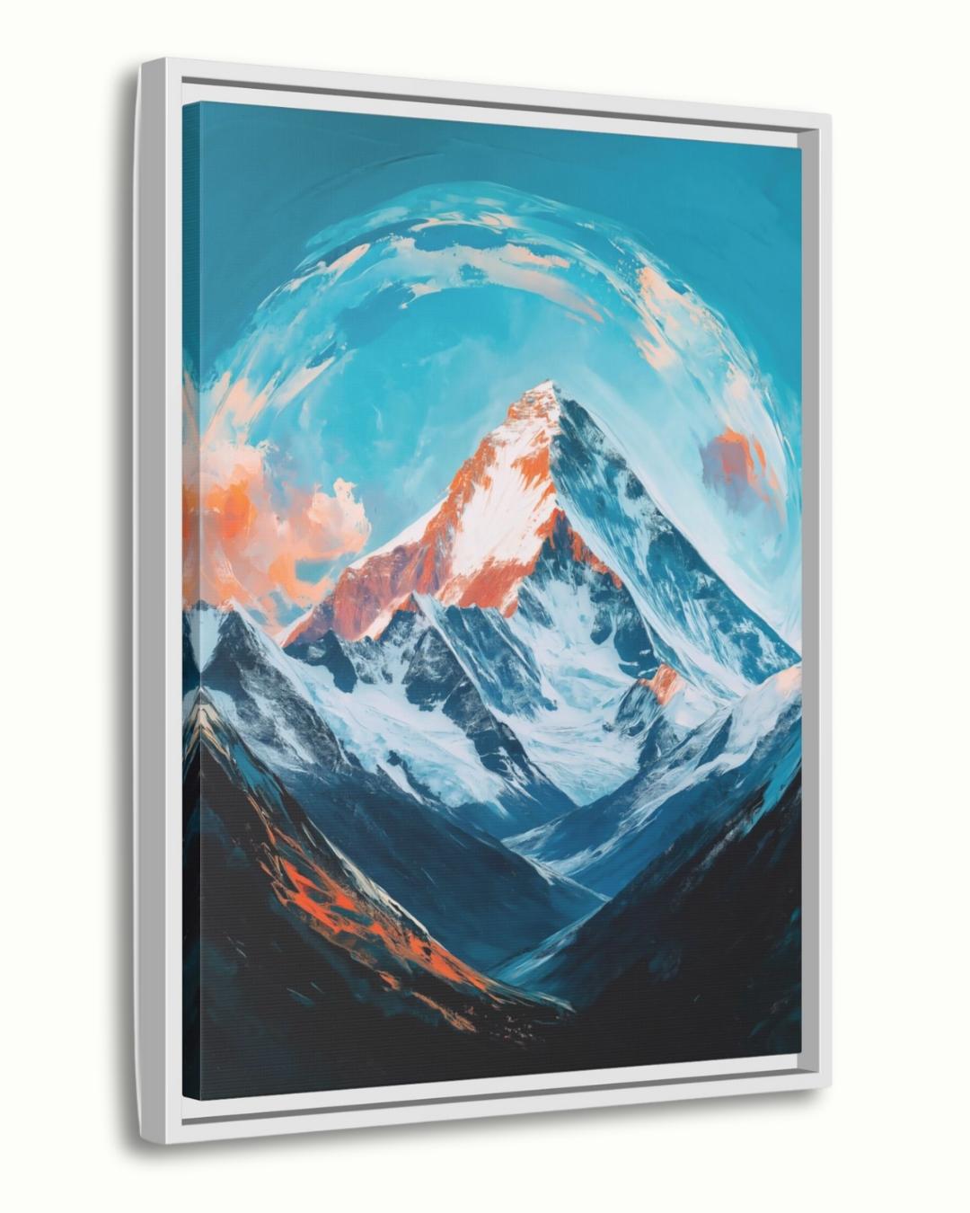 Everest Dawn is a breathtaking painting print depicting the majestic Mount Everest bathed in glowing morning light, with swirling skies and icy peaks. This striking art print captures the awe and serenity of the world’s tallest mountain, perfect for inspiring living spaces, offices, or meditation rooms. Available as canvas and framed canvas, it brings the grandeur of the Himalayas into your home decor.