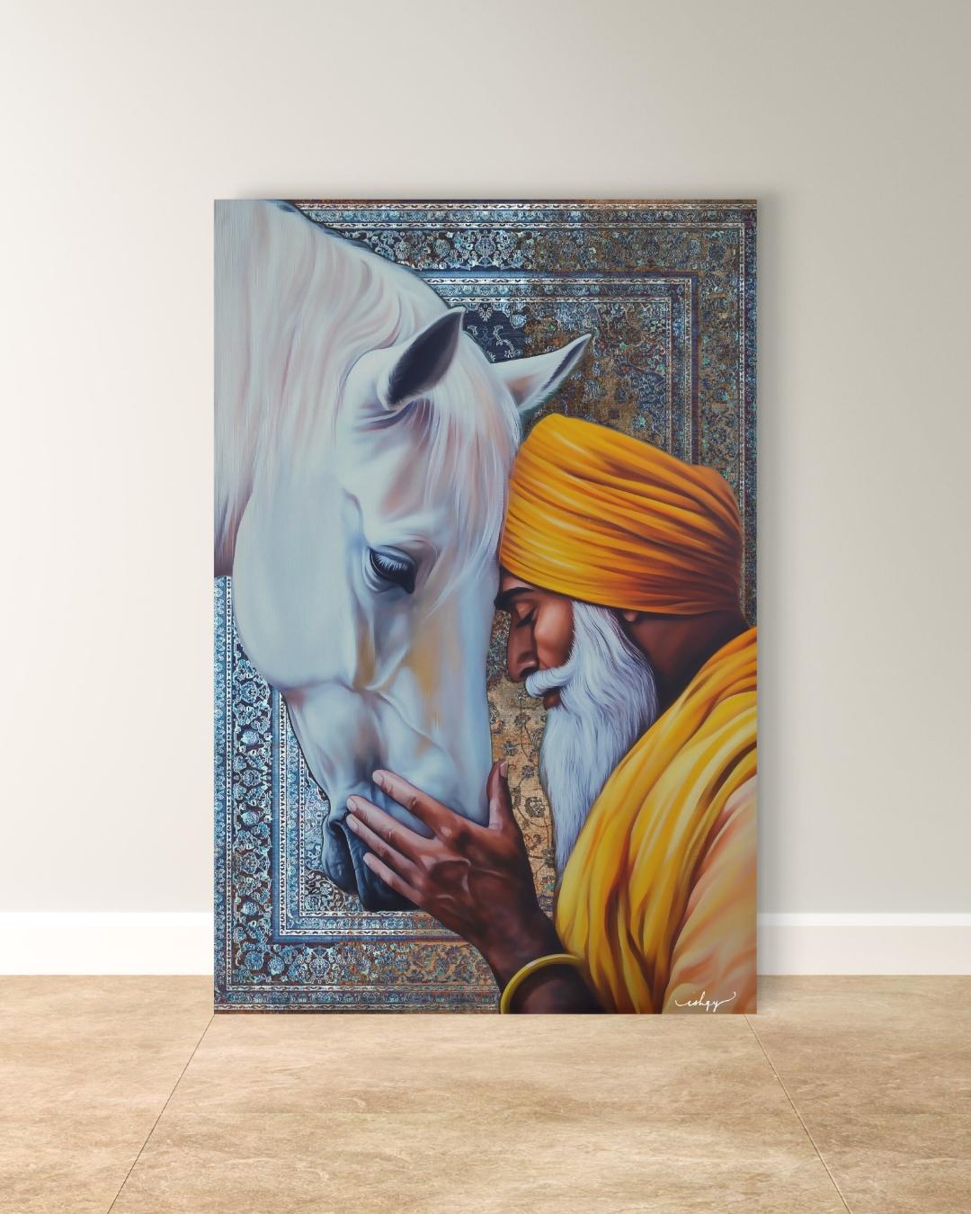 Fateh & Faith | Sikh Art Print of Elder and Horse | Spiritual Wall Decor Canvas | IshqyBusiness. A sacred moment of unity between a Sikh elder and horse. This spiritual art print brings warmth, wisdom, and devotion to any space. 