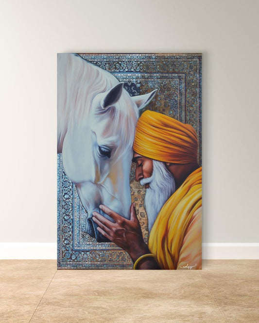 Fateh & Faith | Sikh Art Print of Elder and Horse | Spiritual Wall Decor Canvas | IshqyBusiness. A sacred moment of unity between a Sikh elder and horse. This spiritual art print brings warmth, wisdom, and devotion to any space. 