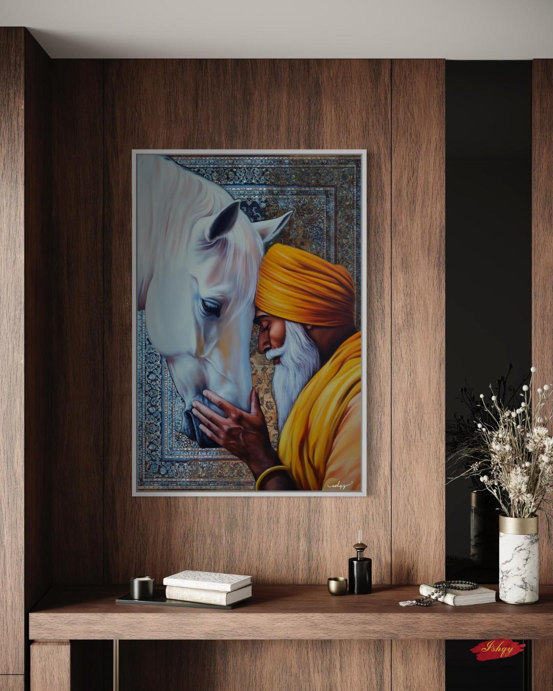 Fateh & Faith | Sikh Art Print of Elder and Horse | Spiritual Wall Decor Canvas | IshqyBusiness. A sacred moment of unity between a Sikh elder and horse. This spiritual art print brings warmth, wisdom, and devotion to any space. 