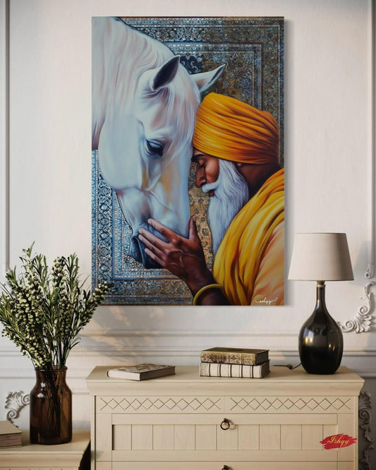 Fateh & Faith | Sikh Art Print of Elder and Horse | Spiritual Wall Decor Canvas | IshqyBusiness. A sacred moment of unity between a Sikh elder and horse. This spiritual art print brings warmth, wisdom, and devotion to any space. 