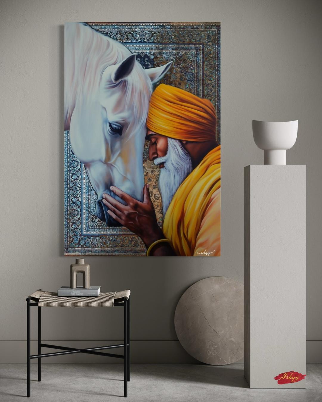 Fateh & Faith | Sikh Art Print of Elder and Horse | Spiritual Wall Decor Canvas | IshqyBusiness. A sacred moment of unity between a Sikh elder and horse. This spiritual art print brings warmth, wisdom, and devotion to any space. 