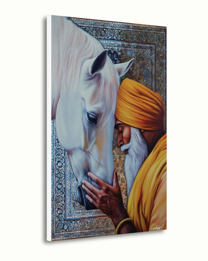 Fateh & Faith | Sikh Art Print of Elder and Horse | Spiritual Wall Decor Canvas | IshqyBusiness. A sacred moment of unity between a Sikh elder and horse. This spiritual art print brings warmth, wisdom, and devotion to any space. 