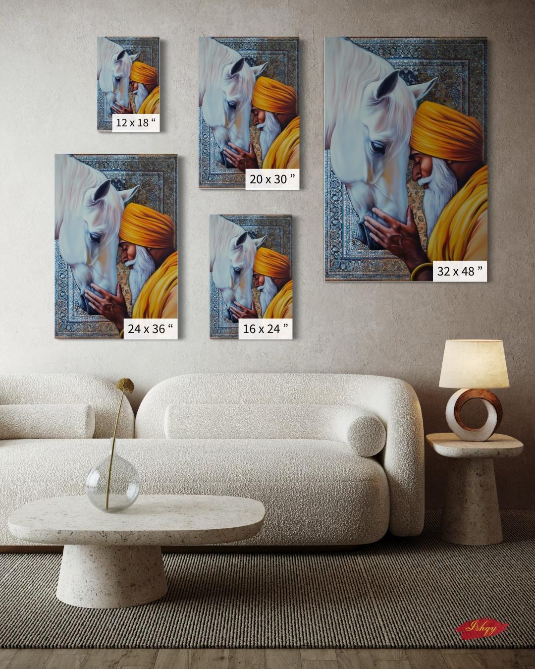 Fateh & Faith | Sikh Art Print of Elder and Horse | Spiritual Wall Decor Canvas | IshqyBusiness. A sacred moment of unity between a Sikh elder and horse. This spiritual art print brings warmth, wisdom, and devotion to any space. 