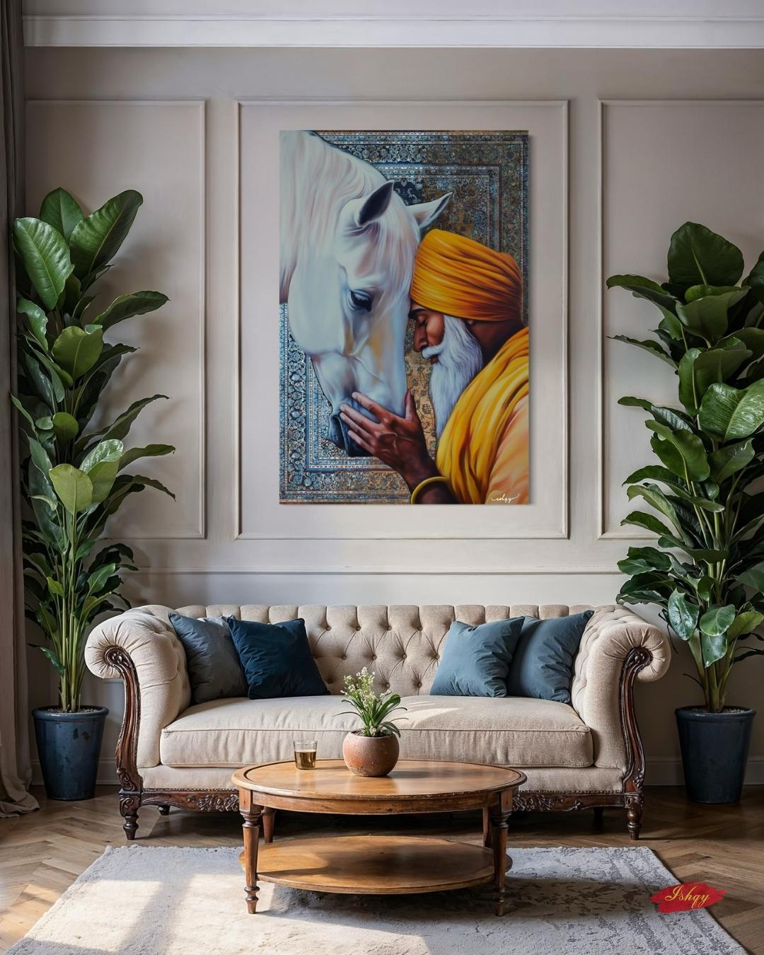 Fateh & Faith | Sikh Art Print of Elder and Horse | Spiritual Wall Decor Canvas | IshqyBusiness. A sacred moment of unity between a Sikh elder and horse. This spiritual art print brings warmth, wisdom, and devotion to any space. 