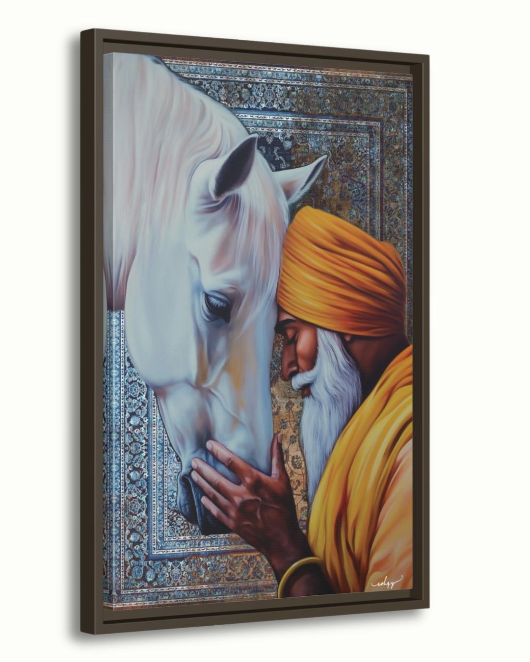 Fateh & Faith | Sikh Art Print of Elder and Horse | Spiritual Wall Decor Canvas | IshqyBusiness. A sacred moment of unity between a Sikh elder and horse. This spiritual art print brings warmth, wisdom, and devotion to any space. 