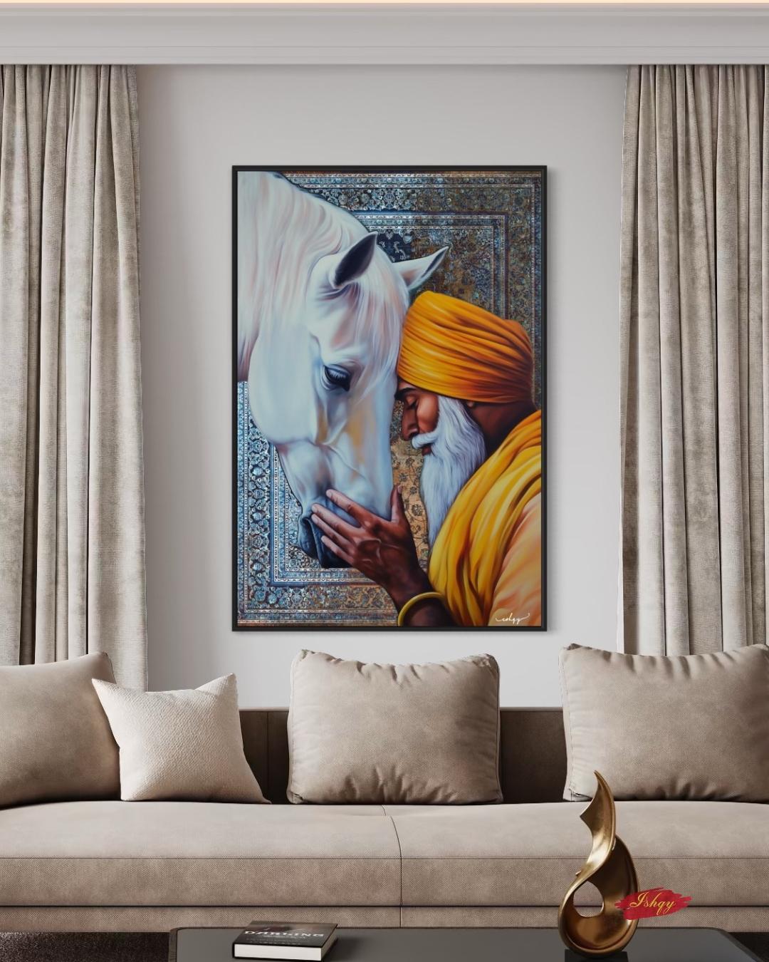 Fateh & Faith | Sikh Art Print of Elder and Horse | Spiritual Wall Decor Canvas | IshqyBusiness. A sacred moment of unity between a Sikh elder and horse. This spiritual art print brings warmth, wisdom, and devotion to any space. 