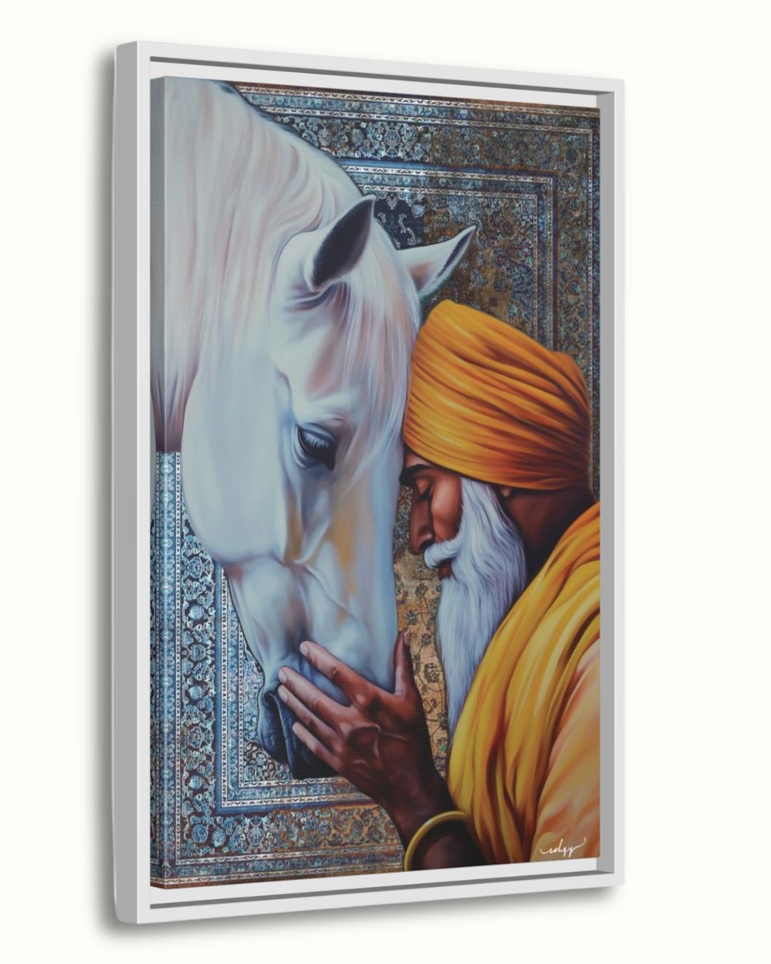 Fateh & Faith | Sikh Art Print of Elder and Horse | Spiritual Wall Decor Canvas | IshqyBusiness. A sacred moment of unity between a Sikh elder and horse. This spiritual art print brings warmth, wisdom, and devotion to any space. 