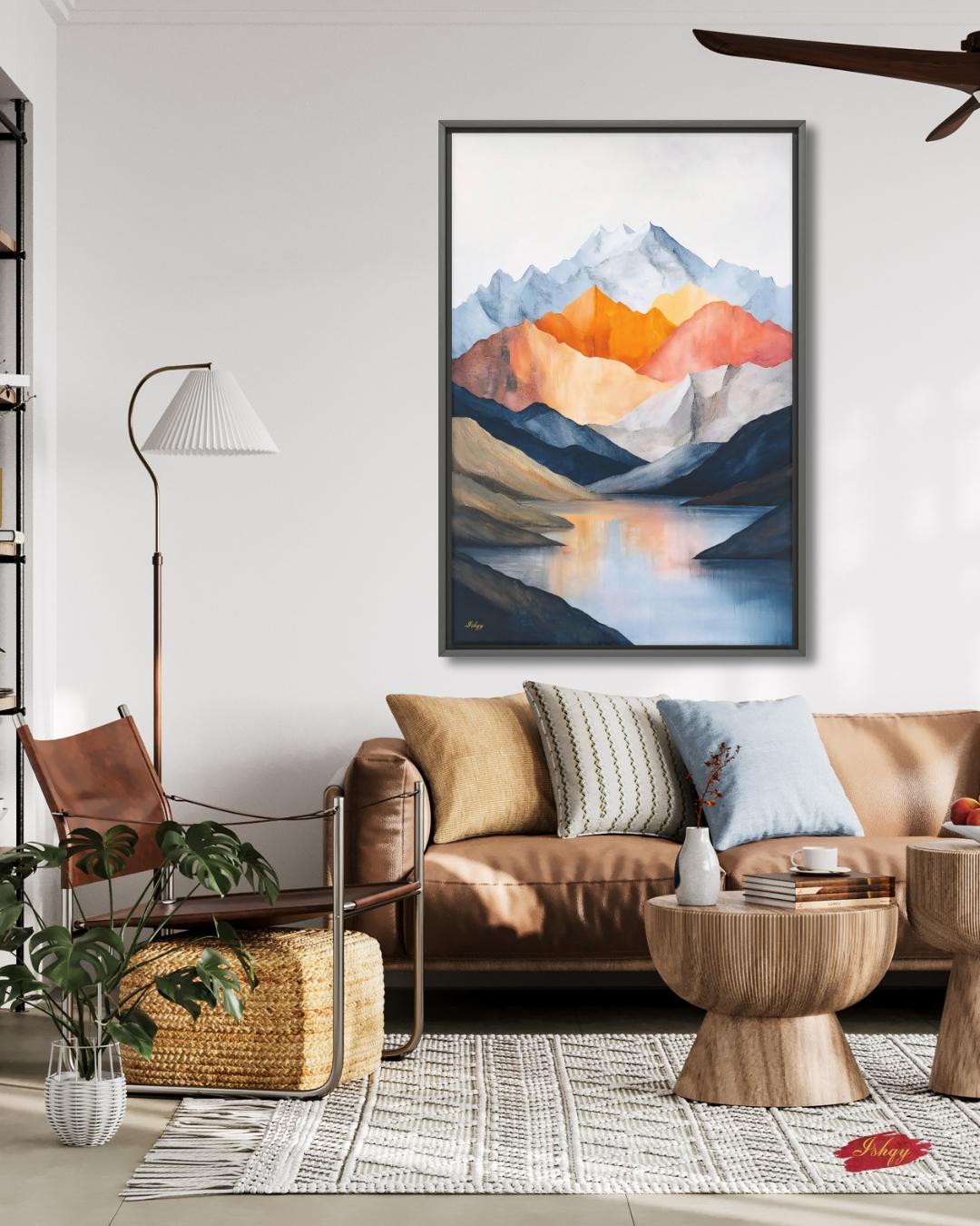 Abstract Mountain Landscape Painting Canvas Framed Canvas, Modern Minimalist Art Print, Neutral Lake Wall Art For Living Room Bedroom Decor