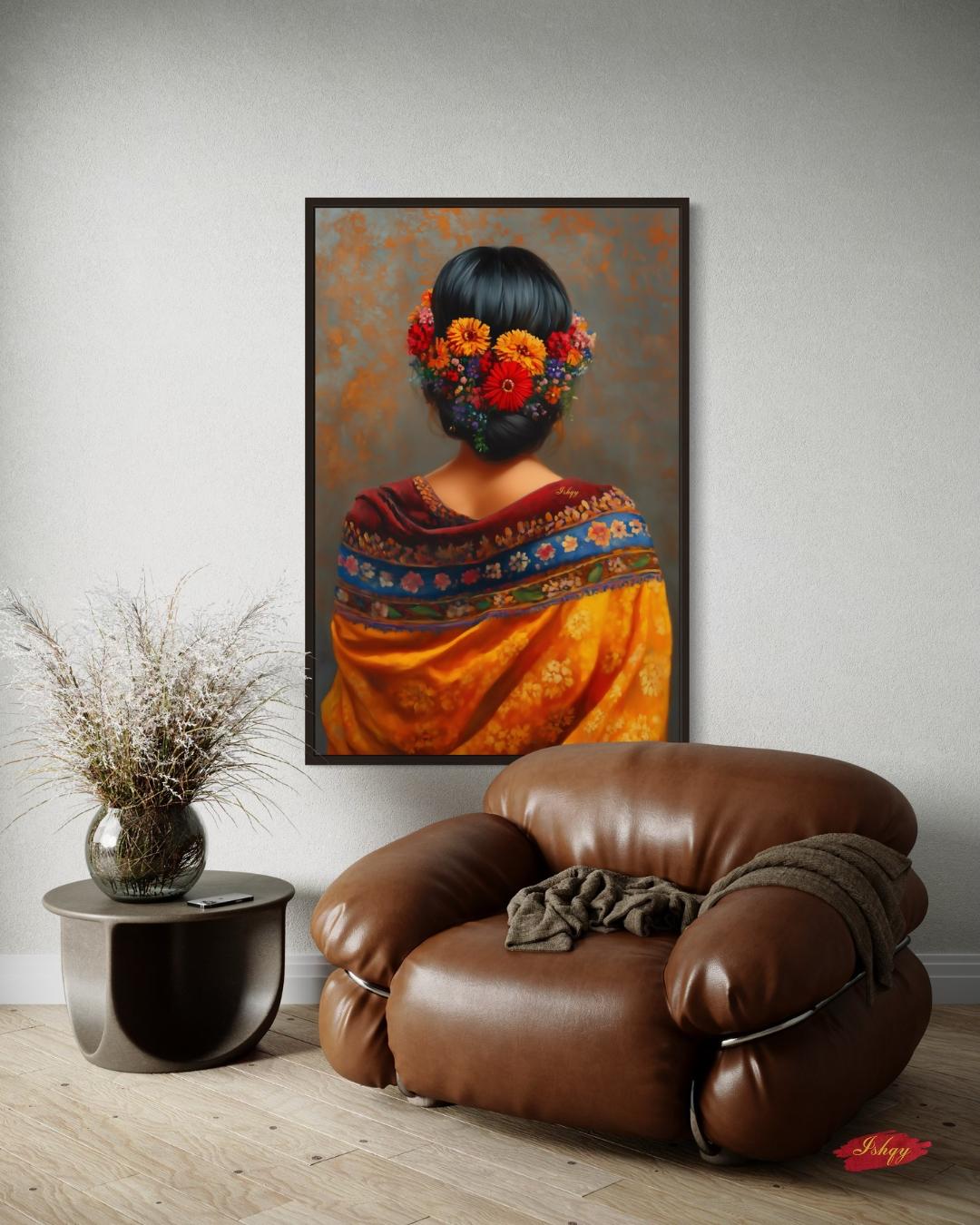 Mexican Woman Portrait Wall Art Print Canvas Framed Canvas, Floral Hair Folk Art Painting, Colorful Boho Decor for Bedroom Living Room Home