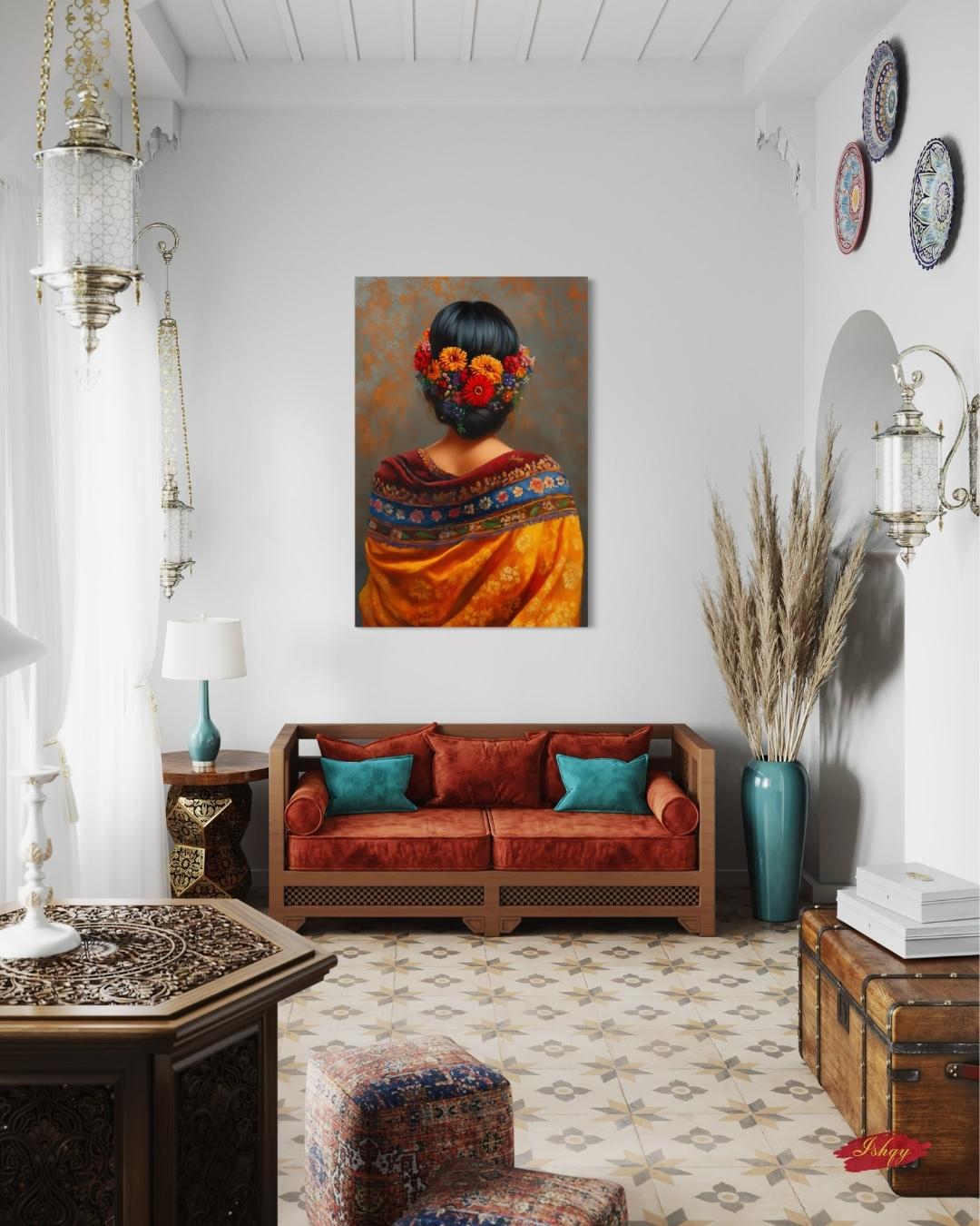 Mexican Woman Portrait Wall Art Print Canvas Framed Canvas, Floral Hair Folk Art Painting, Colorful Boho Decor for Bedroom Living Room Home