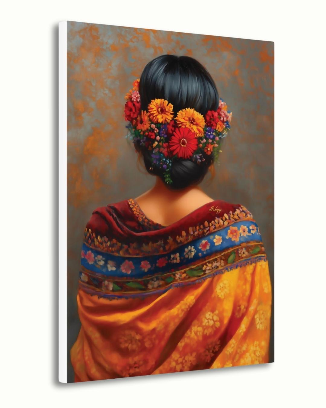 Mexican Woman Portrait Wall Art Print Canvas Framed Canvas, Floral Hair Folk Art Painting, Colorful Boho Decor for Bedroom Living Room Home