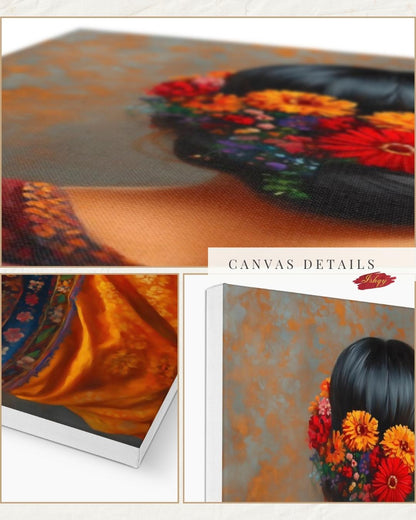 Mexican Woman Portrait Wall Art Print Canvas Framed Canvas, Floral Hair Folk Art Painting, Colorful Boho Decor for Bedroom Living Room Home