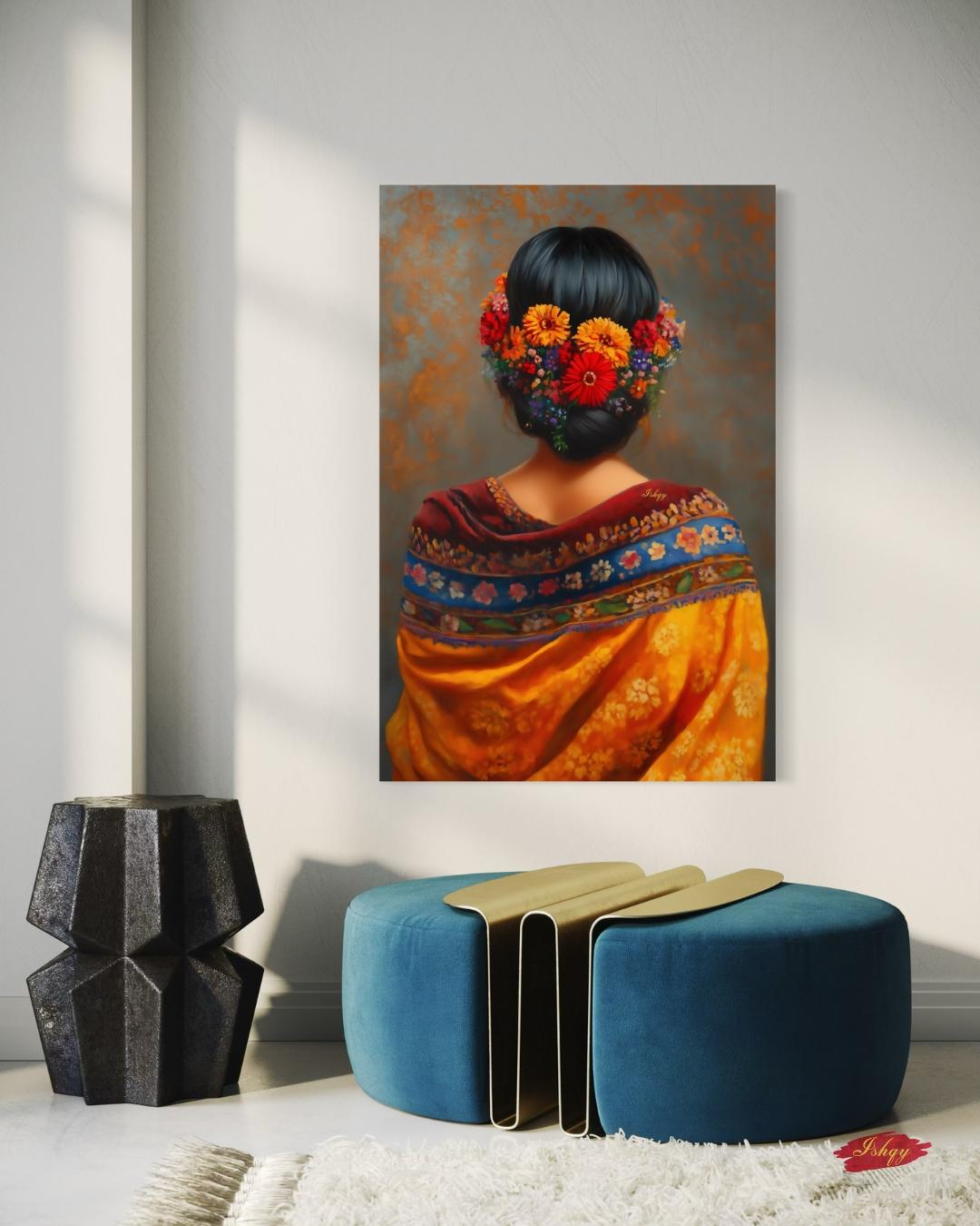 Mexican Woman Portrait Wall Art Print Canvas Framed Canvas, Floral Hair Folk Art Painting, Colorful Boho Decor for Bedroom Living Room Home