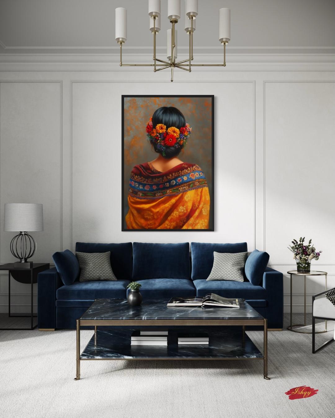 Mexican Woman Portrait Wall Art Print Canvas Framed Canvas, Floral Hair Folk Art Painting, Colorful Boho Decor for Bedroom Living Room Home
