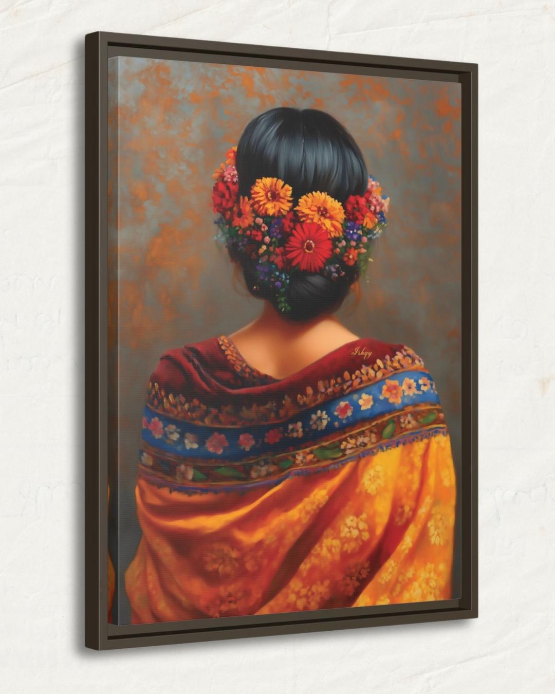 Mexican Woman Portrait Wall Art Print Canvas Framed Canvas, Floral Hair Folk Art Painting, Colorful Boho Decor for Bedroom Living Room Home
