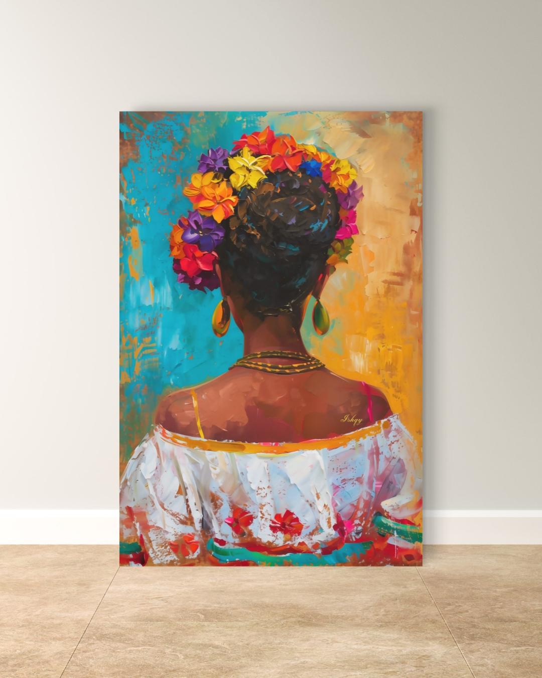 Mexican Art, Textured Mexican Woman Painting, Flower Crown Latina Mexican Decor, Canvas Wall Art, Framed Canvas Print, Extra Large Oversized