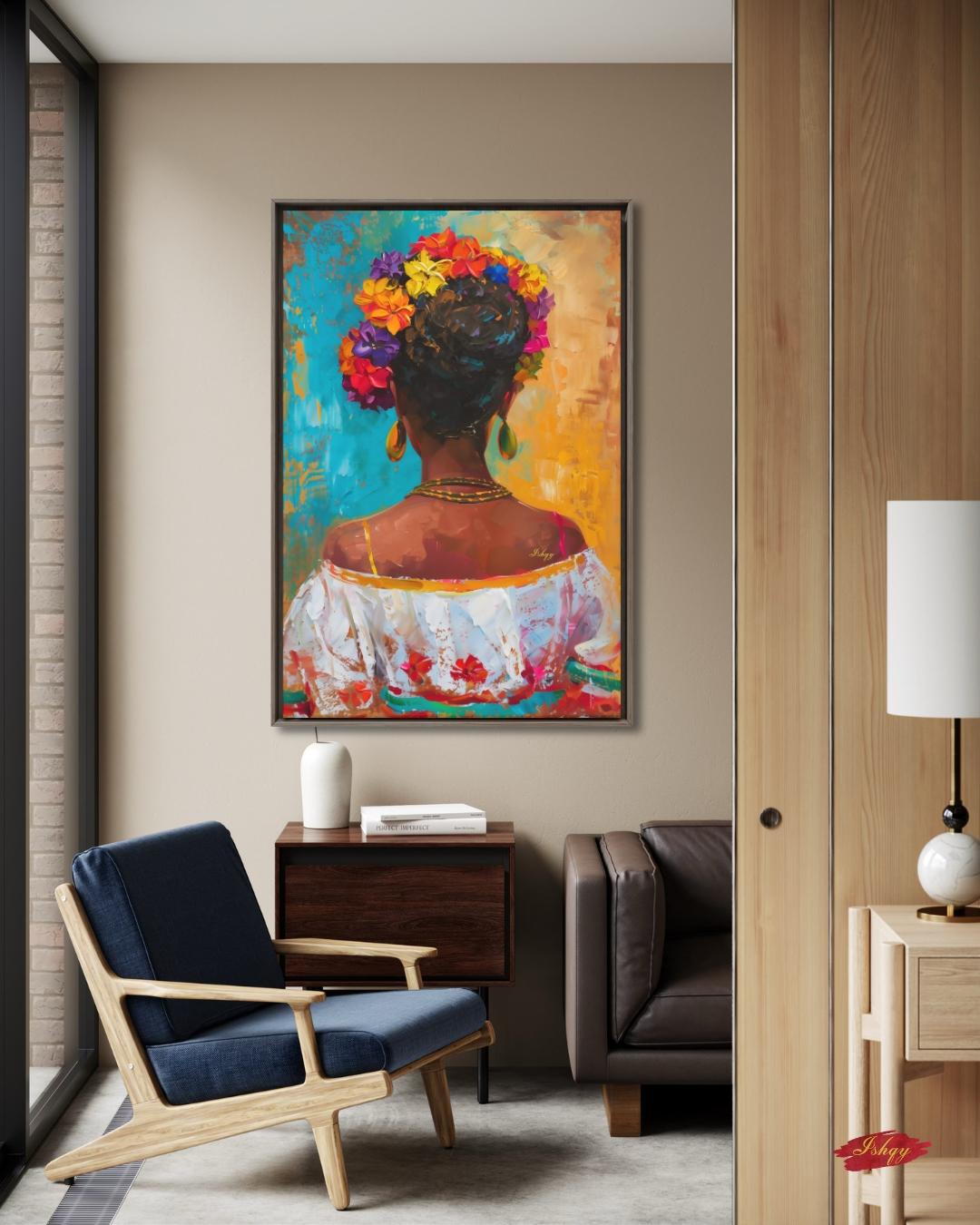 Mexican Art, Textured Mexican Woman Painting, Flower Crown Latina Mexican Decor, Canvas Wall Art, Framed Canvas Print, Extra Large Oversized