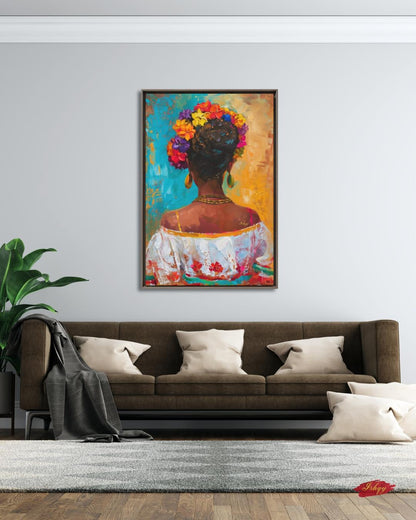 Mexican Art, Textured Mexican Woman Painting, Flower Crown Latina Mexican Decor, Canvas Wall Art, Framed Canvas Print, Extra Large Oversized