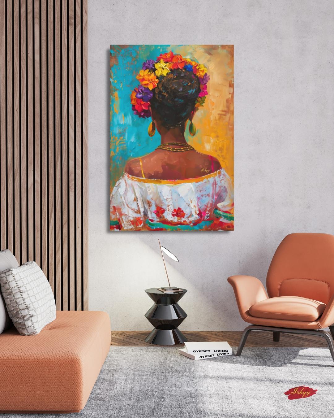 Mexican Art, Textured Mexican Woman Painting, Flower Crown Latina Mexican Decor, Canvas Wall Art, Framed Canvas Print, Extra Large Oversized